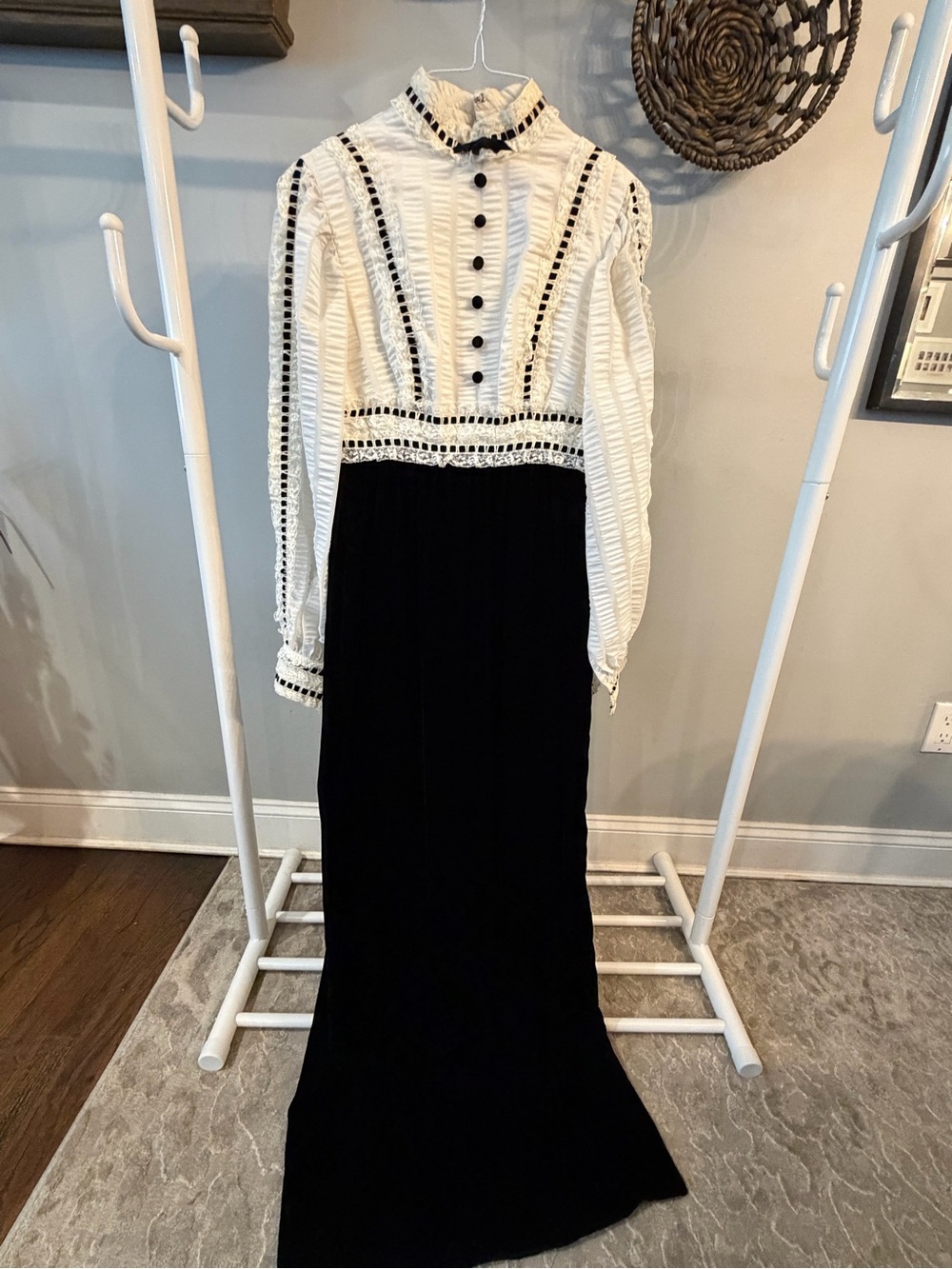 Vintage 60s/70s Lord & Taylor Victorian Revival Black & White Maxi Dress S
